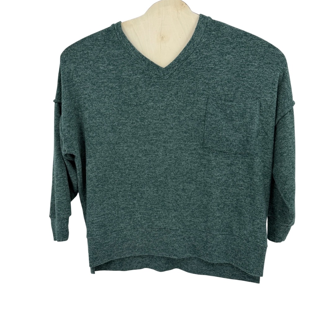 Zenana V-Neck Pocket Top Womens S Green Cabin Relaxed Knit Loungewear Casual